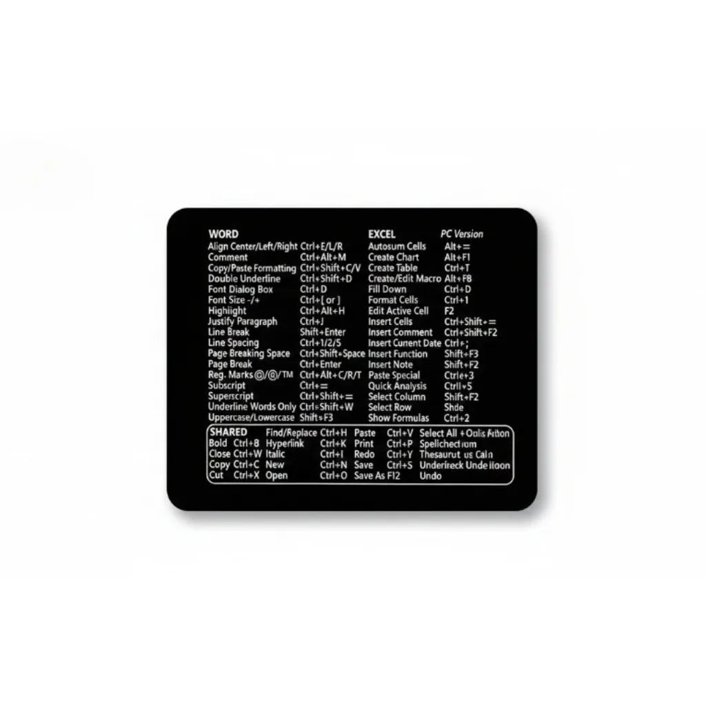 Tapis de Souris Raccourcis Bureau - Design Minimaliste Word & Excel