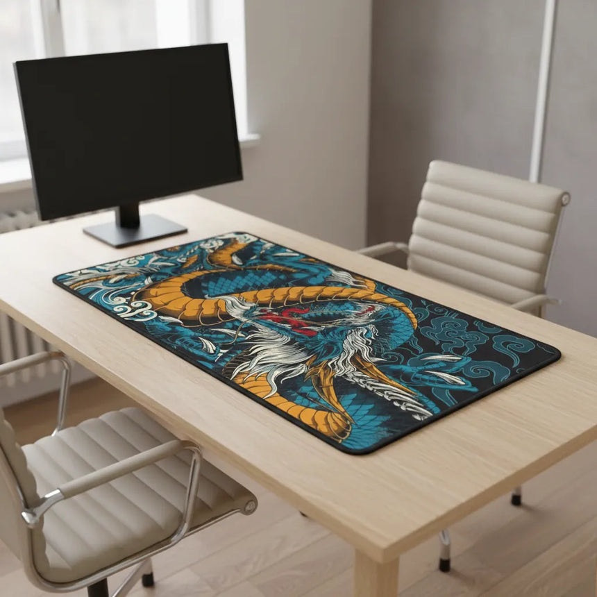 Tapis de Souris XXL Dragon Japonais - Édition Légendaire Bleu & Ocre
