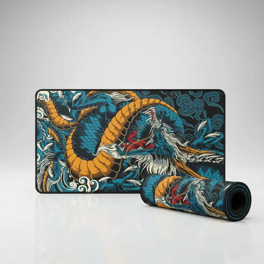 Tapis de Souris XXL Dragon Japonais - Édition Légendaire Bleu & Ocre
