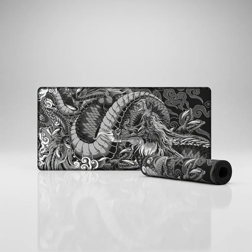 Tapis de Souris XXL Dragon Japonais - Édition Monochrome Impériale