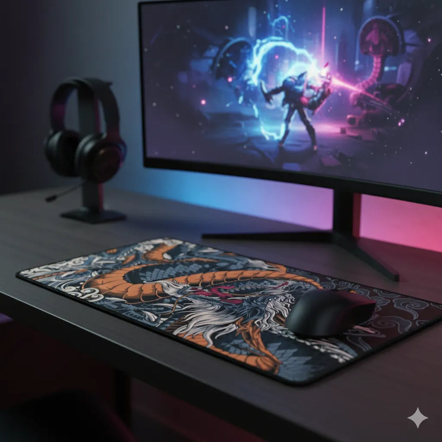 Tapis de Souris XXL Dragon Japonais – Édition Phoenix Orange & Noir