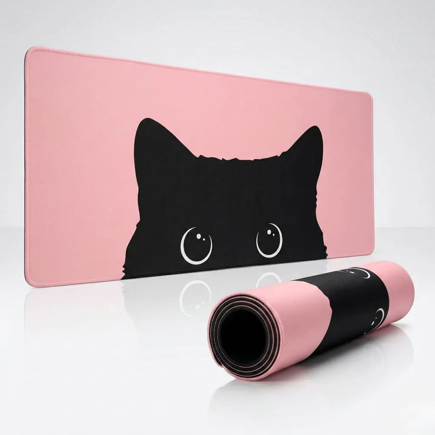 Tapis de Souris XXL Peeking Cat - Design Chat Noir & Rose Pastel Premium