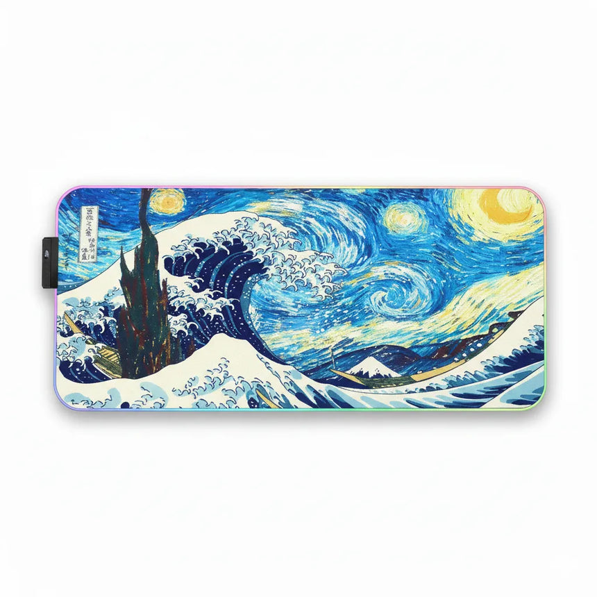 Tapis de Souris XXL RGB - Fusion Artistique : La Grande Vague Étoilée