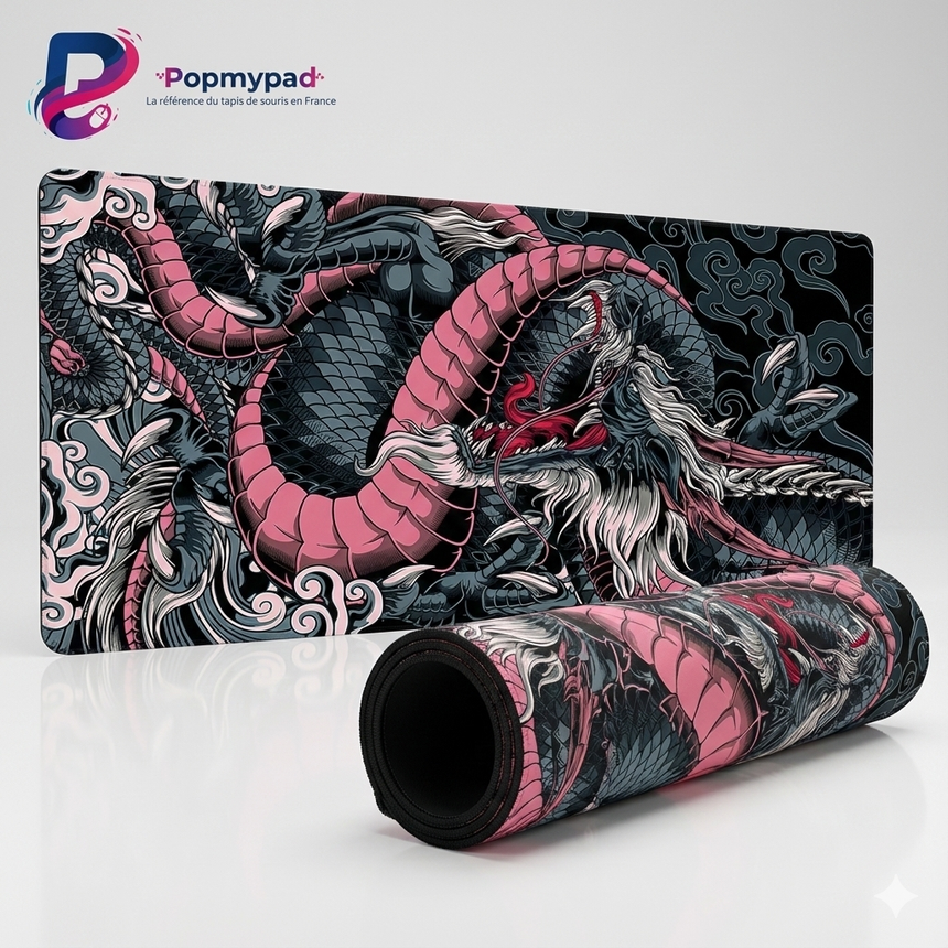 Tapis de Souris XXL Dragon Japonais - Rose & Anthracite