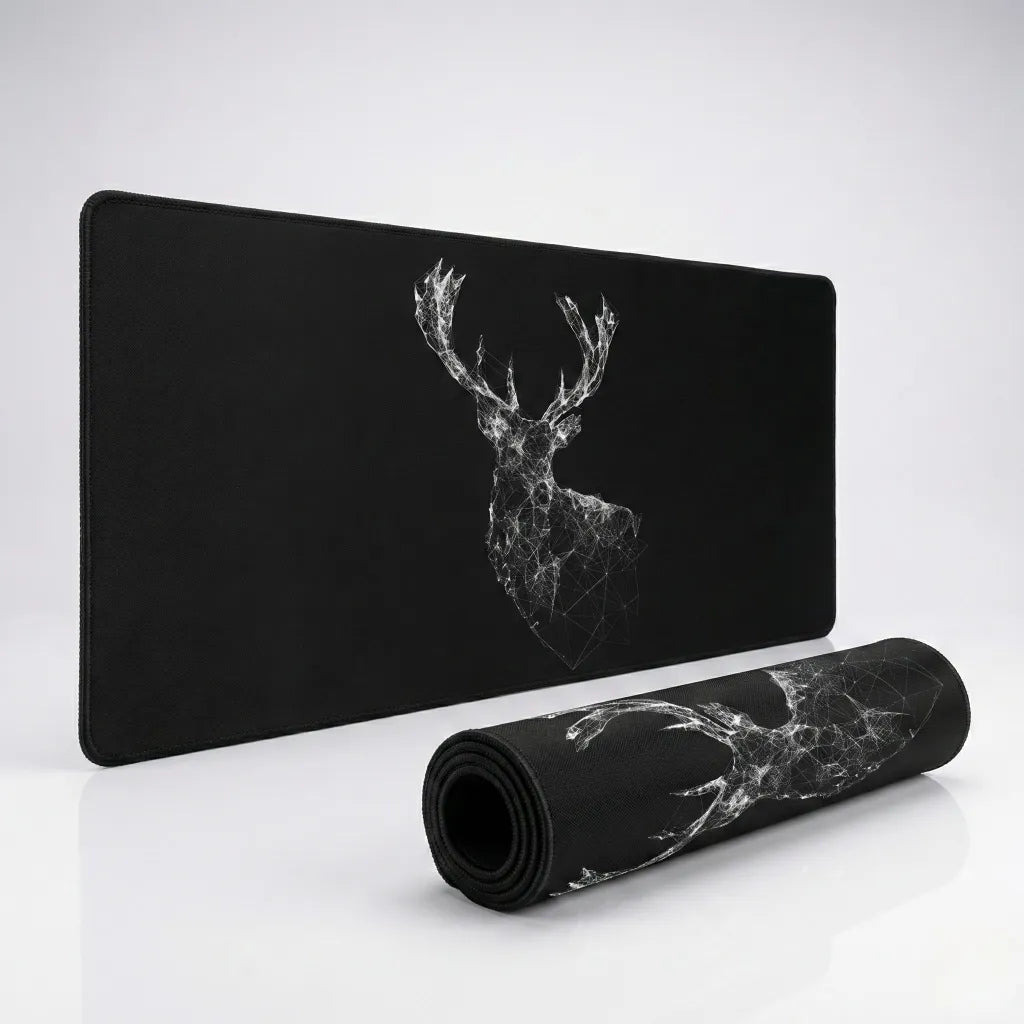Tapis de souris XXL - Cerf Géométrique "Majestic Stag" - Noir & Blanc Premium
