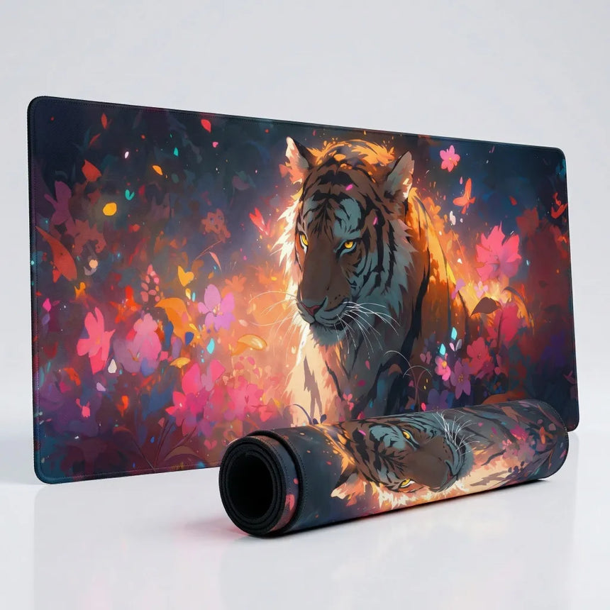 Tapis de souris XXL - Édition Tigre Floral & Lumière Onirique