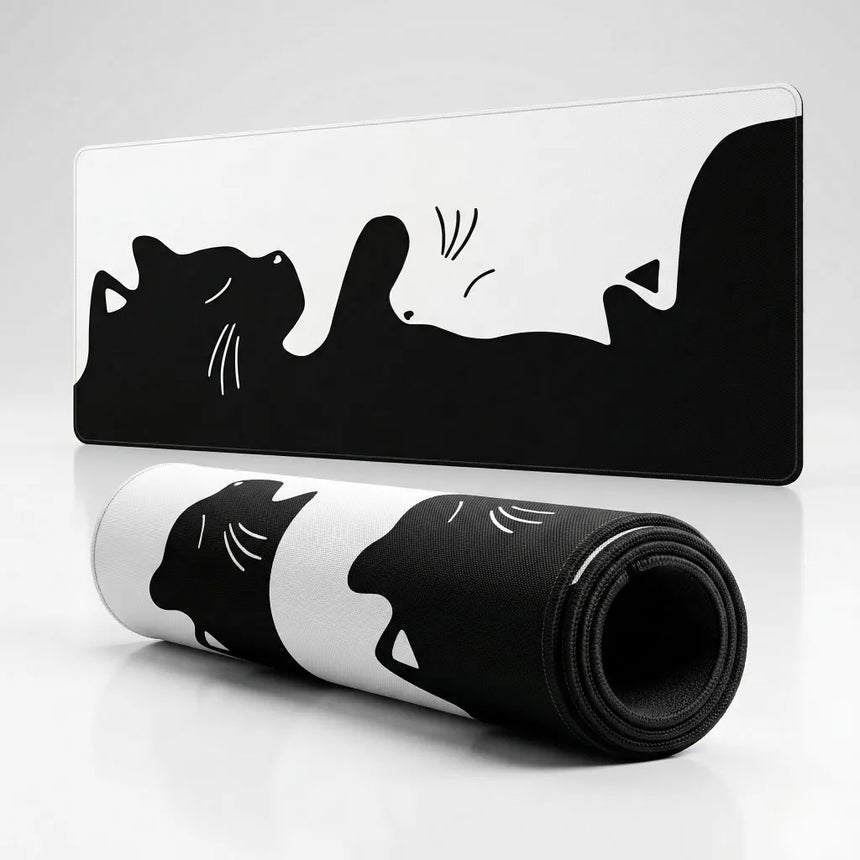 Tapis de souris XXL Chat Yin-Yang — Design Minimaliste Noir & Blanc