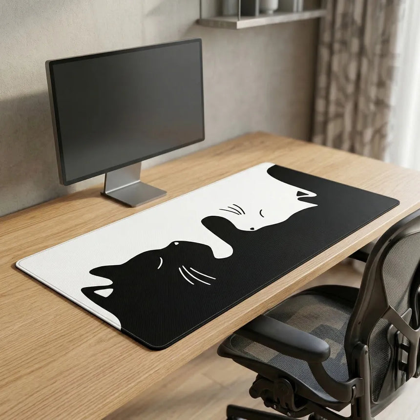 Tapis de souris XXL Chat Yin-Yang — Design Minimaliste Noir & Blanc