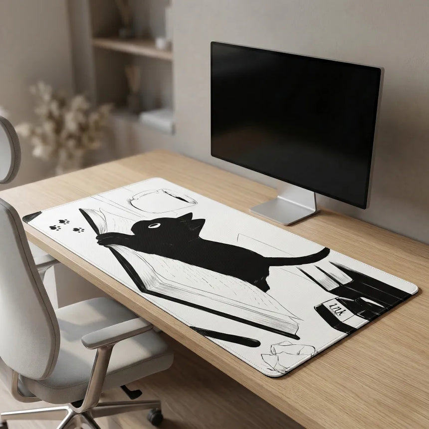 Tapis de souris XXL "Le Chat Érudit" – Illustration Artistique à l'Encre