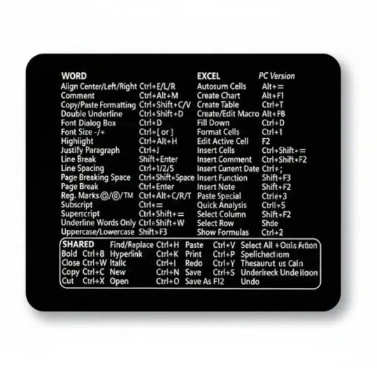 Tapis de Souris Raccourcis Bureau - Design Minimaliste Word & Excel