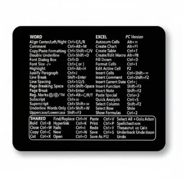 Tapis de souris raccourcis clavier, bureau minimaliste, vue complète du tapis
