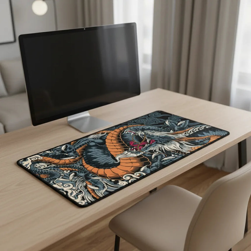 Tapis de Souris XXL Dragon Japonais – Édition Phoenix Orange & Noir sur un bureau moderne avec un ordinateur.